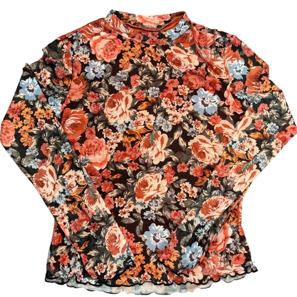 PrettyGarden Womens Floral Mesh Mock Neck Long Sleeve Top Orange Rust Large